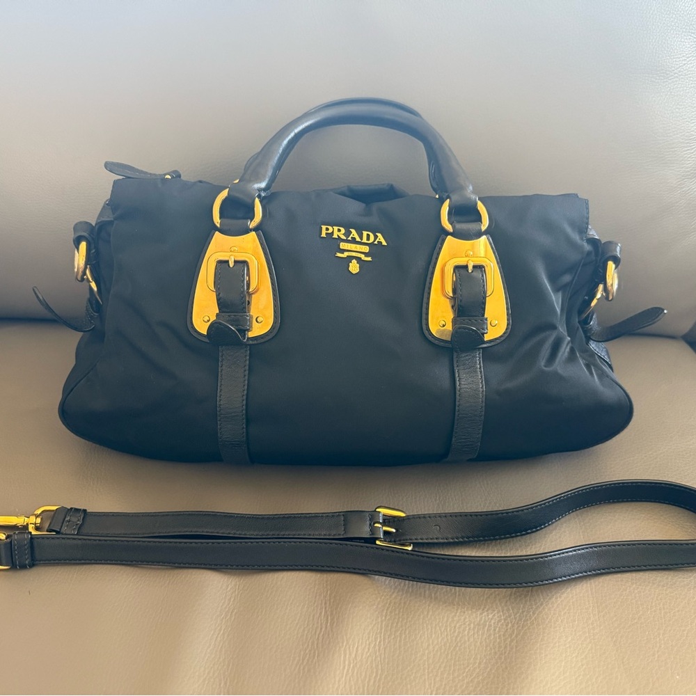 Prada Bauletto Lady’s Handbag in Black Tessuto Nylon & Leather with Gold Accents